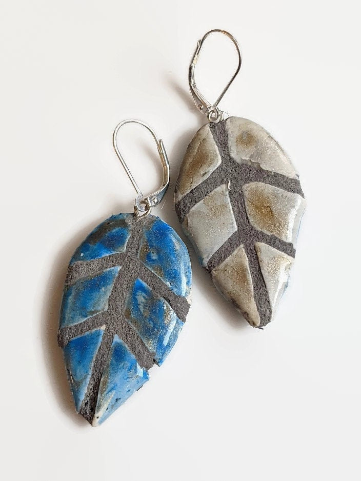 Blue Leaf Earrings REVERSIBLE Mosaic Tile with Silver and Gold Leaf Dangles 052