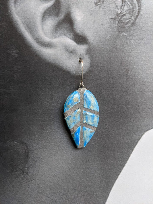 Blue Leaf Earrings REVERSIBLE Mosaic Tile with Silver and Gold Leaf Dangles 052