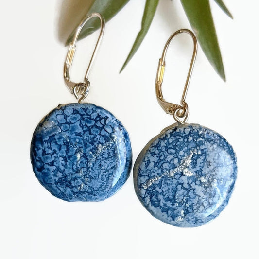 Blue Stone Ceramic Disc Earrings REVERSIBLE Light and Dark Blue  033