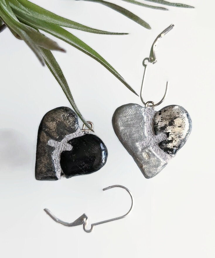 Silver Black Heart Earrings REVERSIBLE Handmade Mosaic Tile Sutured Heart Earrings 018