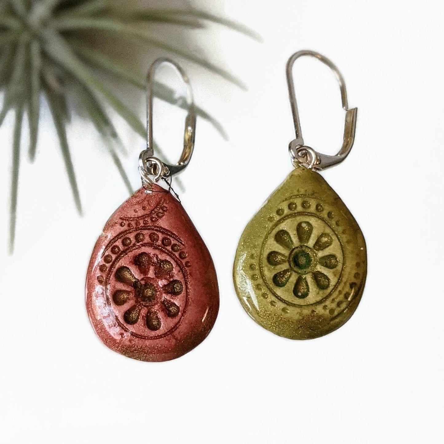 Red Teardrop Earrings REVERSIBLE Embossed Ceramic Clay Dangles 059