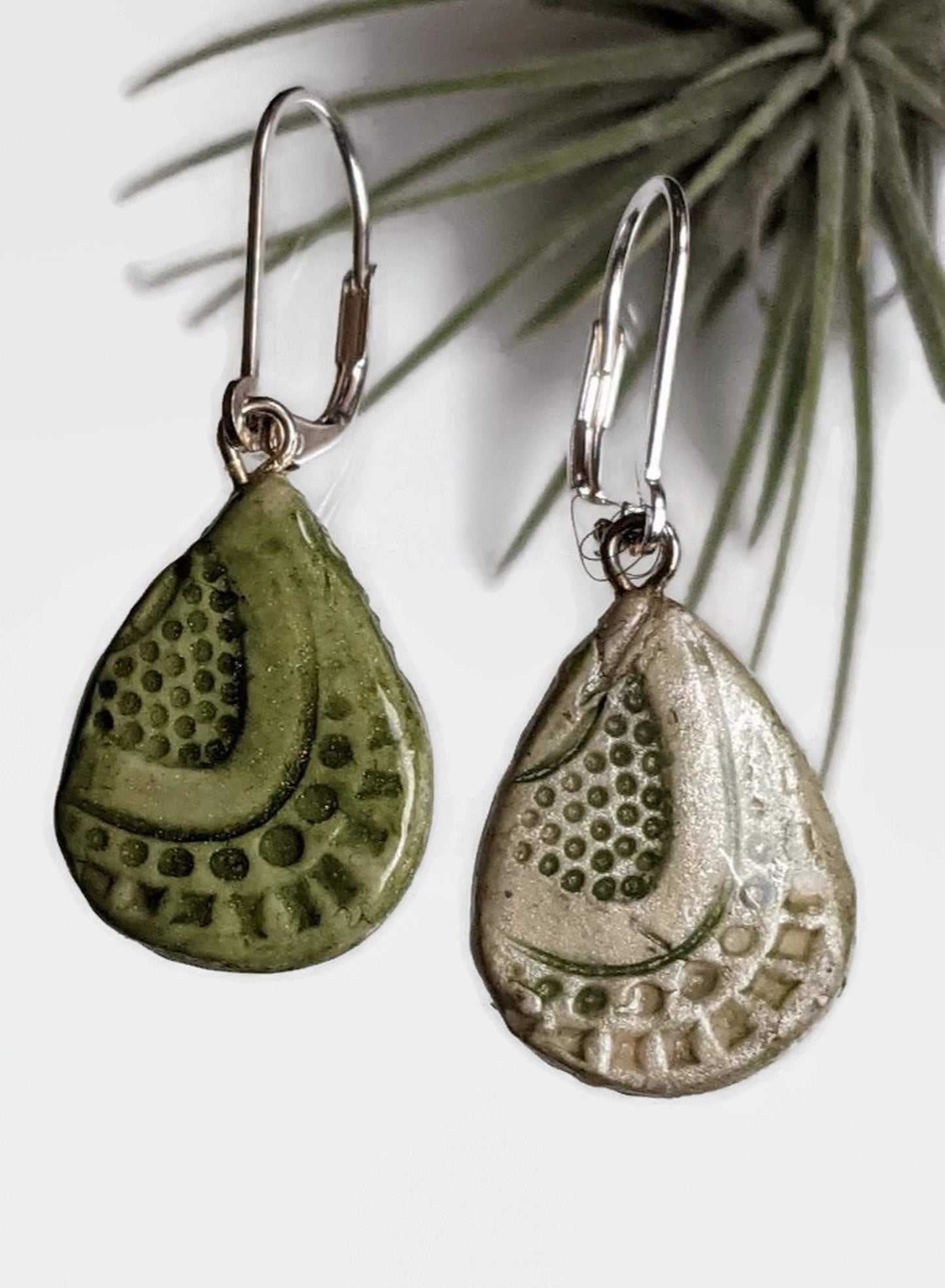 Ceramic Teardrop Earrings REVERSIBLE Green Dangles 044