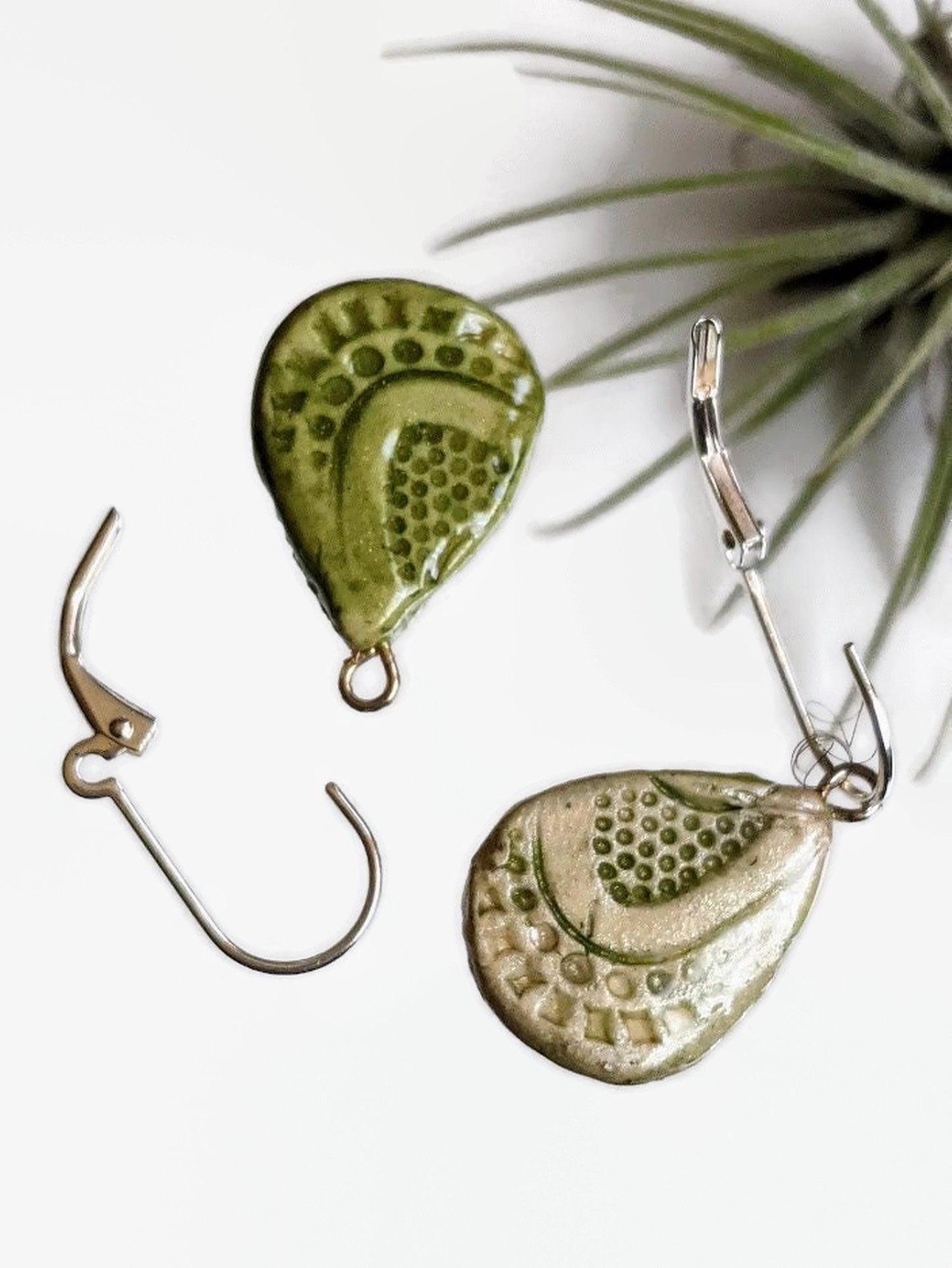 Ceramic Teardrop Earrings REVERSIBLE Green Dangles 044