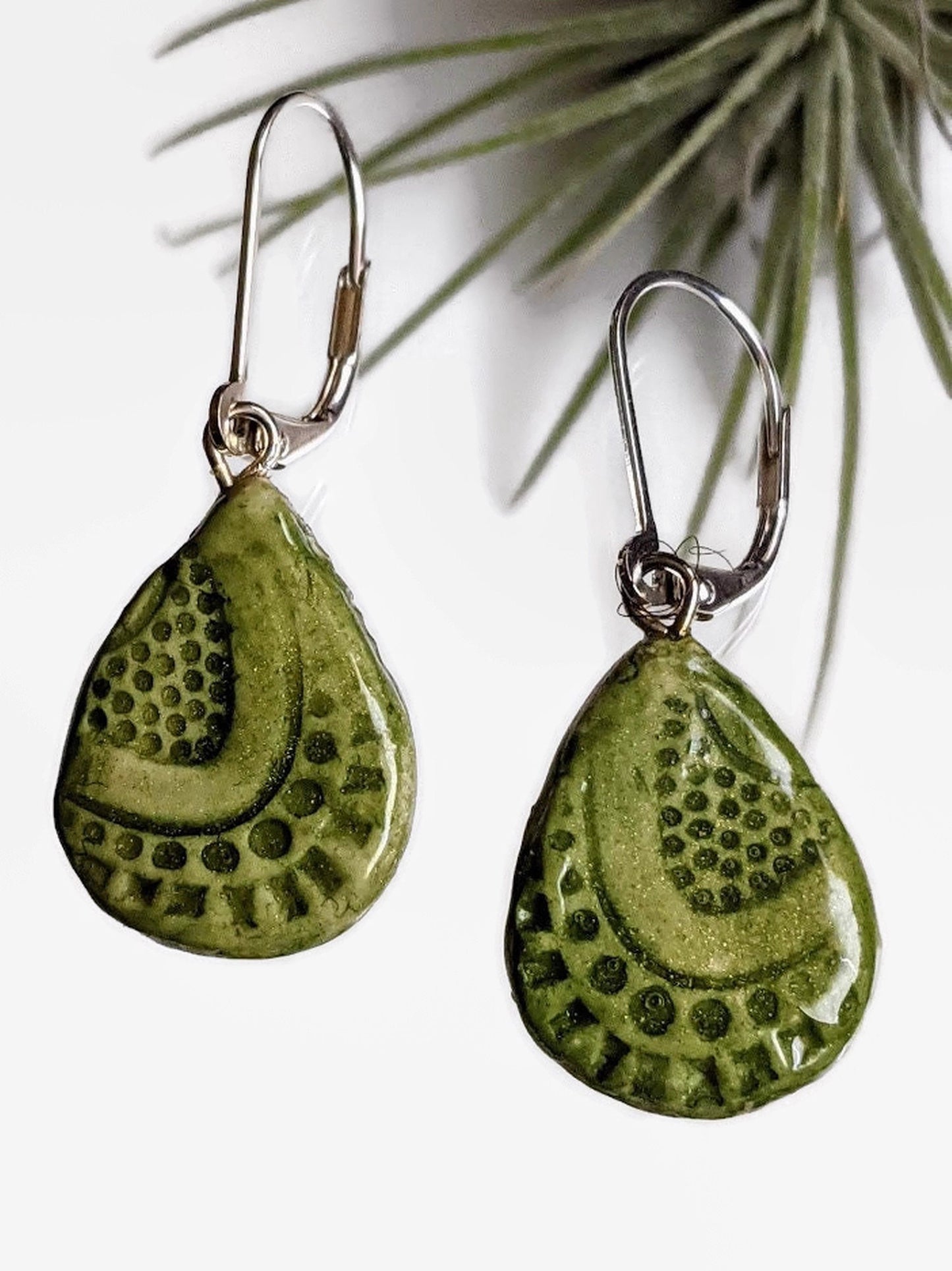 Ceramic Teardrop Earrings REVERSIBLE Green Dangles 044