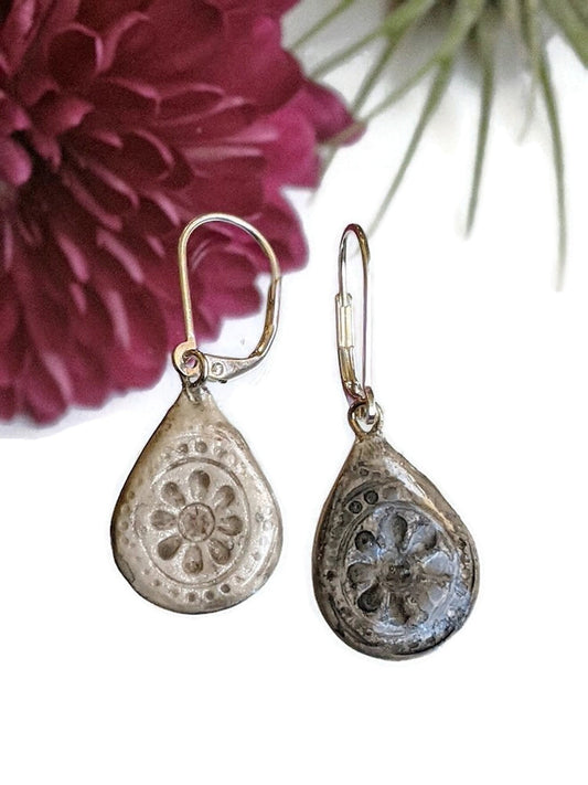 Ceramic Teardrop Earrings Steel Gray and Pearl White REVERSIBLE Dangles 041