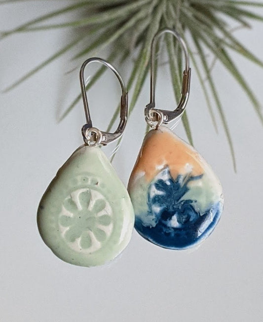 Ceramic Teardrop Earring REVERSIBLE Embossed Mandala Dangle 053