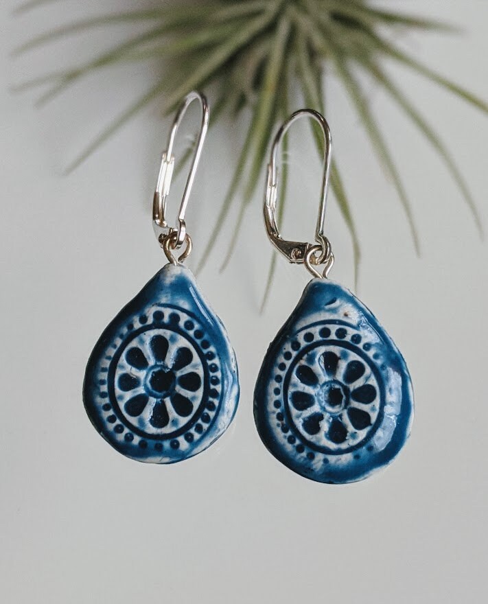 Ceramic Teardrop Earring REVERSIBLE Embossed Mandala Dangle 049