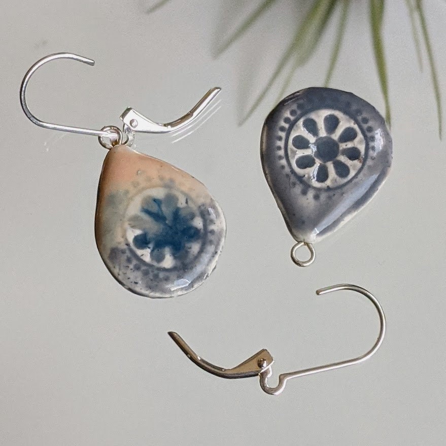 Ceramic Teardrop Earring REVERSIBLE Embossed Mandala Dangle 050