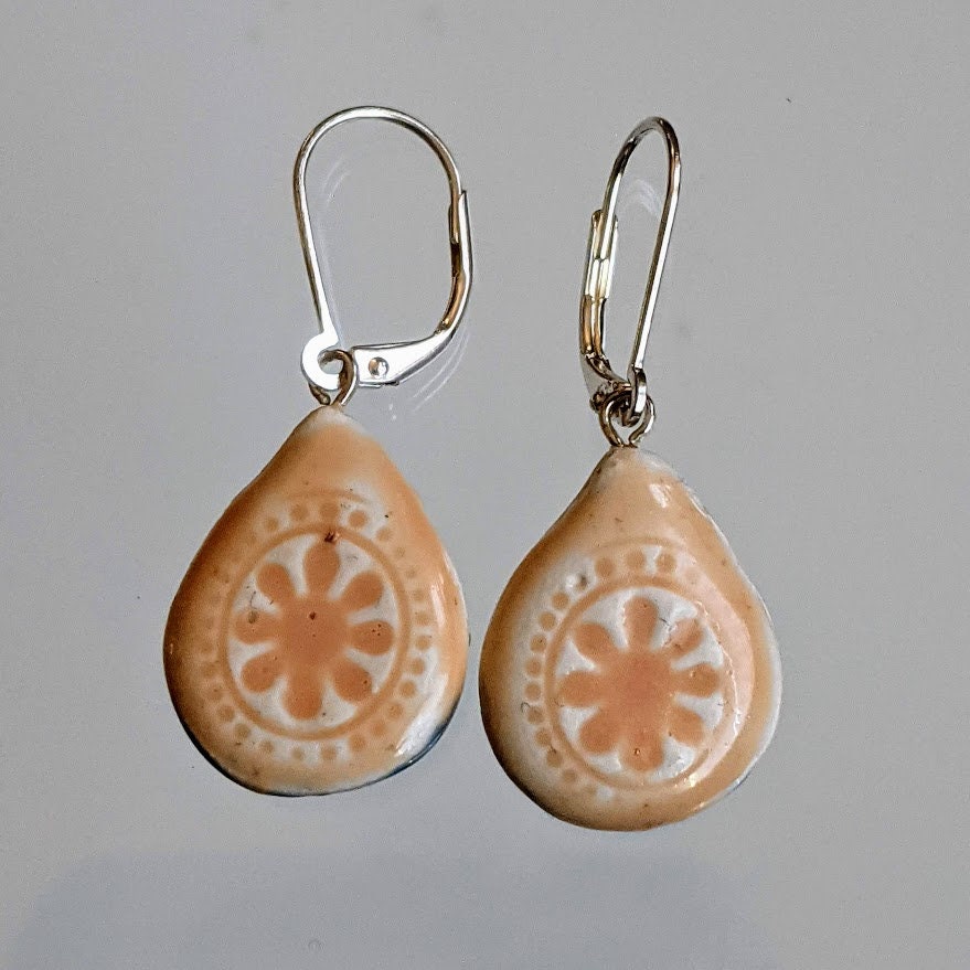 Ceramic Teardrop Earring REVERSIBLE Embossed Mandala Dangle 051