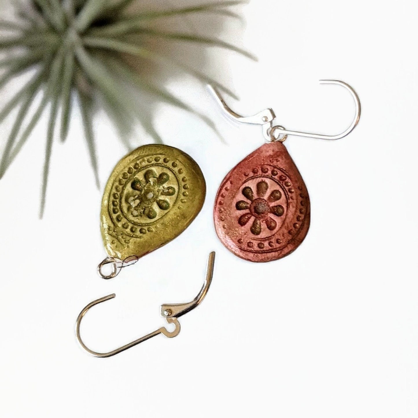 Red Teardrop Earrings REVERSIBLE Embossed Ceramic Clay Dangles 059