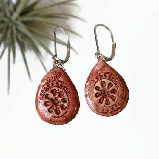 Red Teardrop Earrings REVERSIBLE Embossed Ceramic Clay Dangles 059