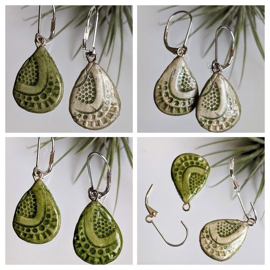 Ceramic Teardrop Earrings REVERSIBLE Green Dangles 044