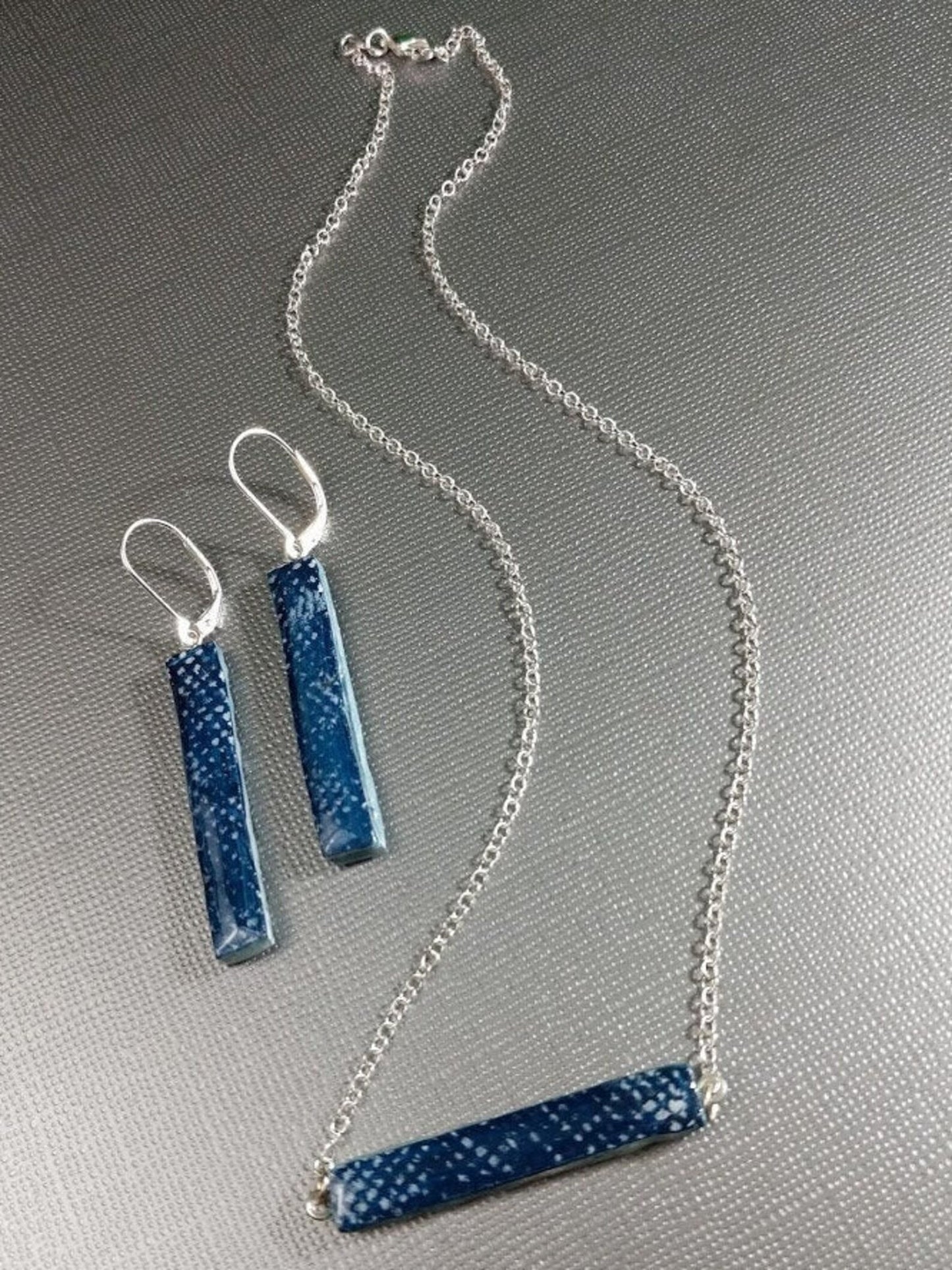 REVERSIBLE Blue Jean Bar Necklace and Earrings - Ceramic Denim Jewelry Set