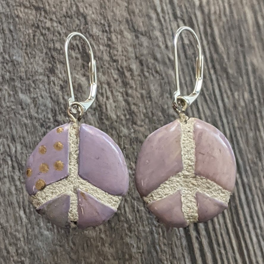 Peace Sign Earrings - REVERSIBLE Mosaic Tile Purple Ceramic Dangles 015