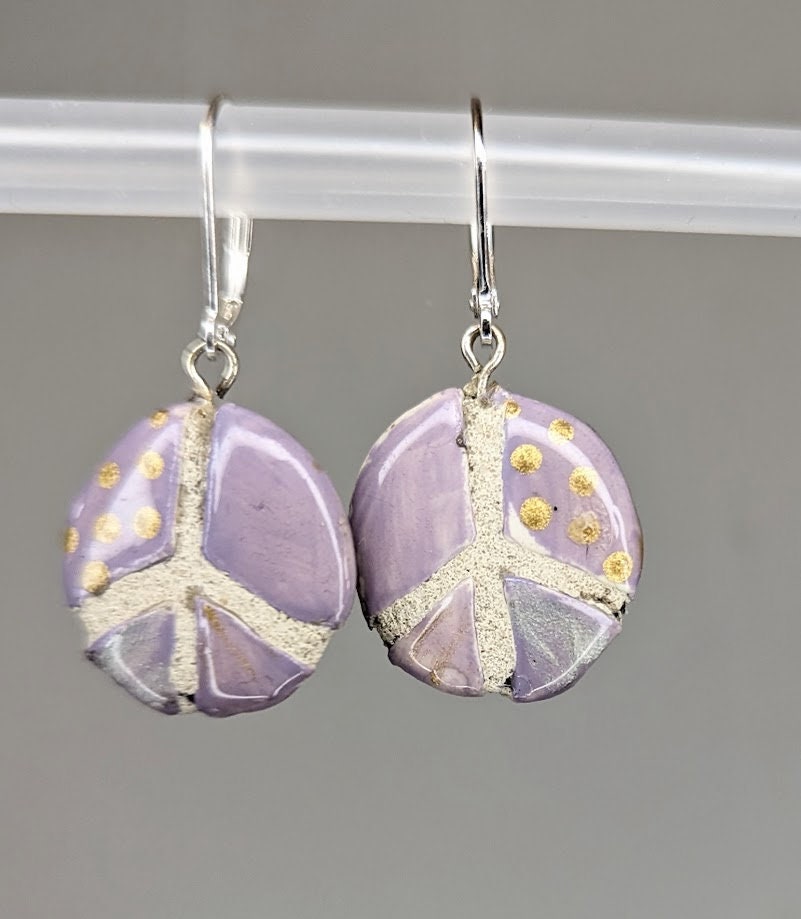 Peace Sign Earrings - REVERSIBLE Mosaic Tile Purple Ceramic Dangles 015