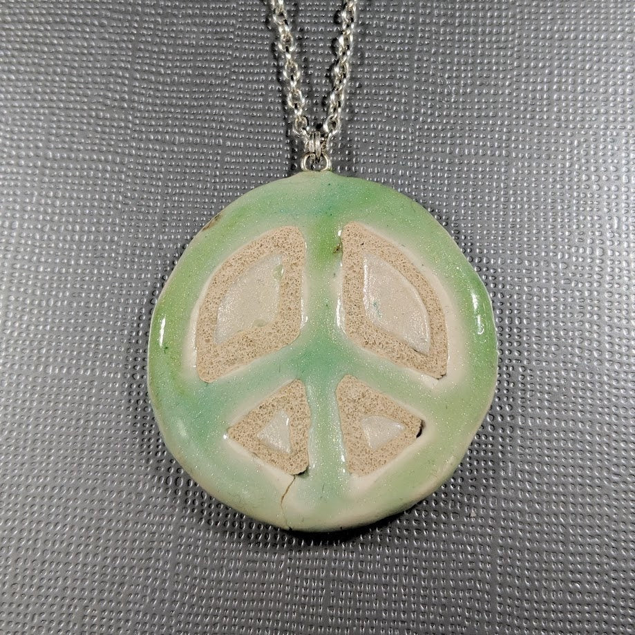 REVERSIBLE Green Peace Sign Necklace Mosaic Tile Pendant 038