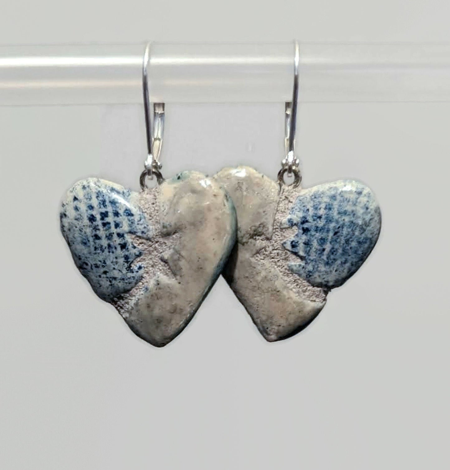 REVERSIBLE Ceramic Heart - Denim and Silver Mosaic Tile Earrings