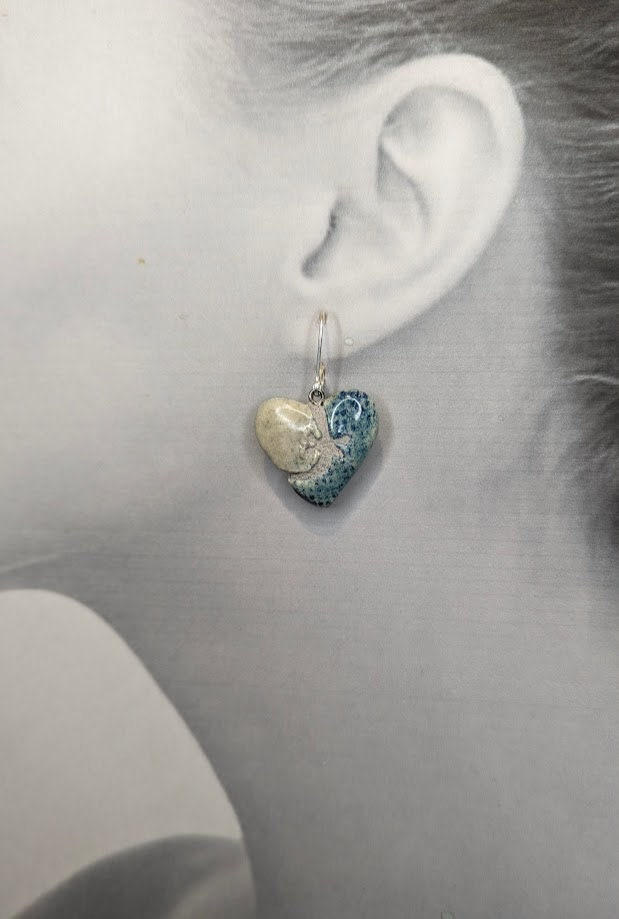 REVERSIBLE Ceramic Heart - Denim and Silver Mosaic Tile Earrings