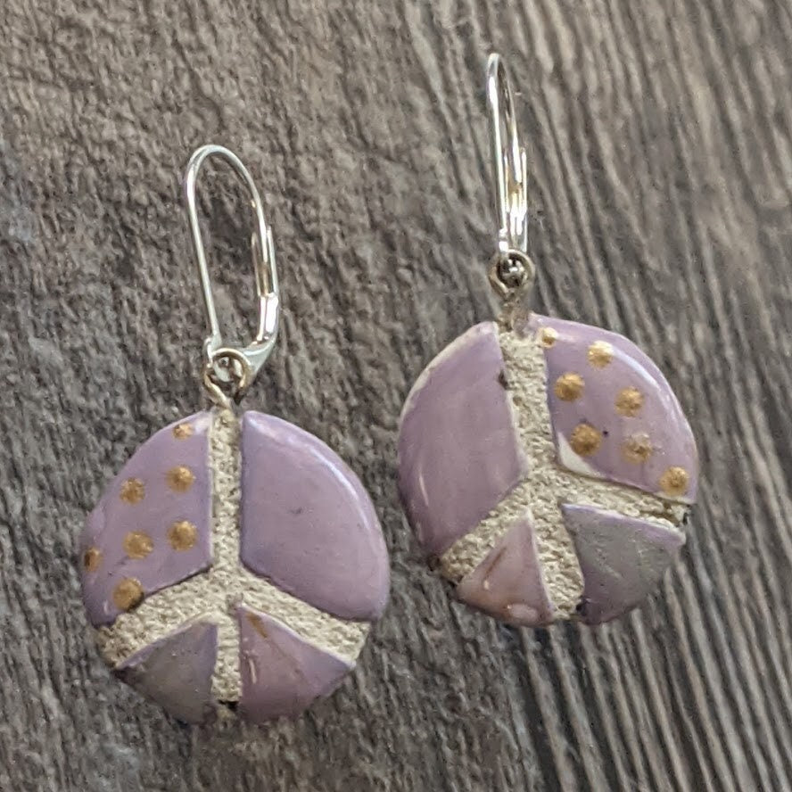 Peace Sign Earrings - REVERSIBLE Mosaic Tile Purple Ceramic Dangles 015