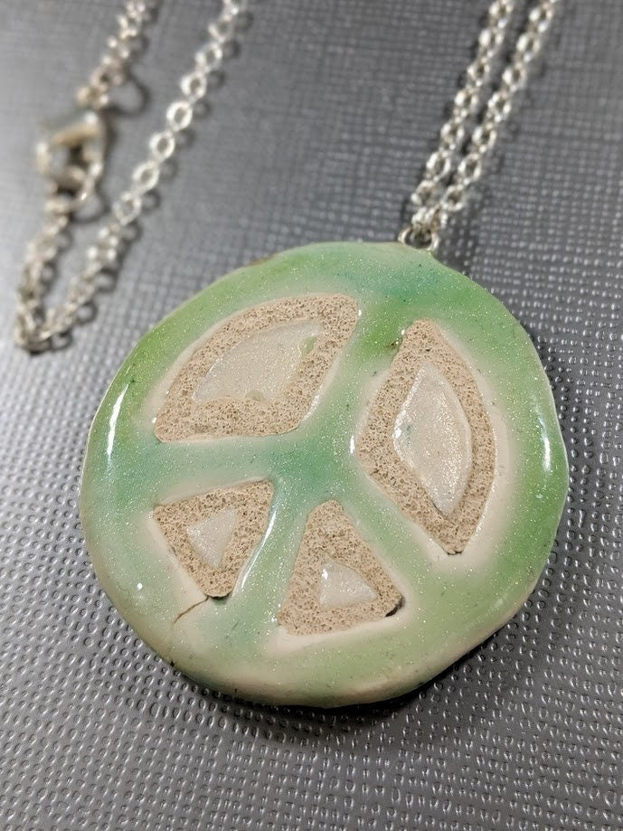 REVERSIBLE Green Peace Sign Necklace Mosaic Tile Pendant 038