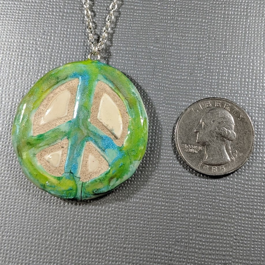 REVERSIBLE Green Peace Sign Necklace Mosaic Tile Pendant 038