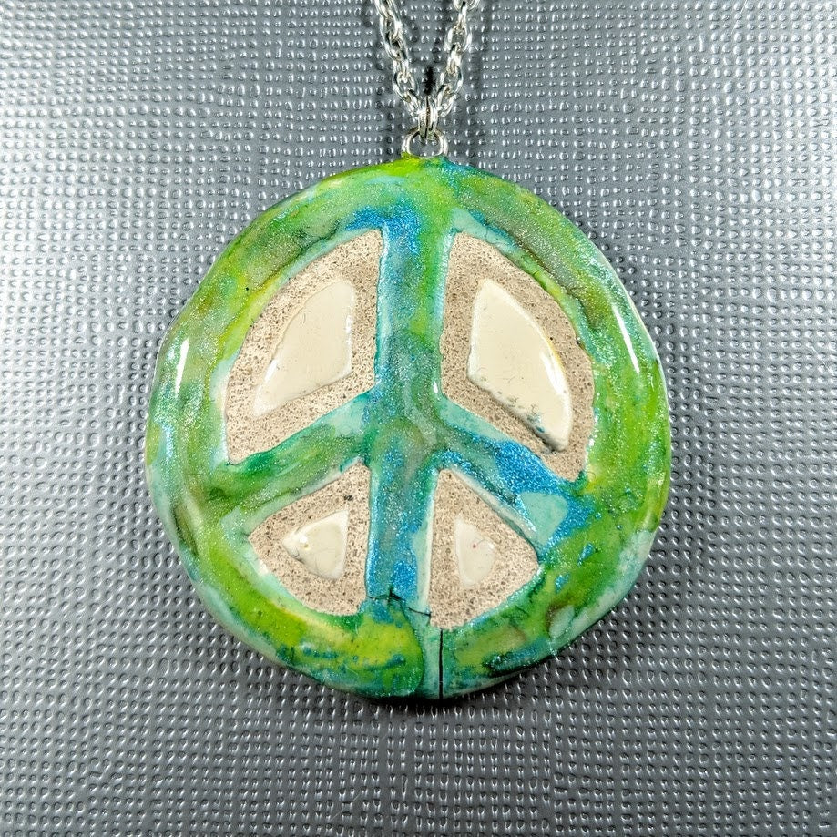 REVERSIBLE Green Peace Sign Necklace Mosaic Tile Pendant 038