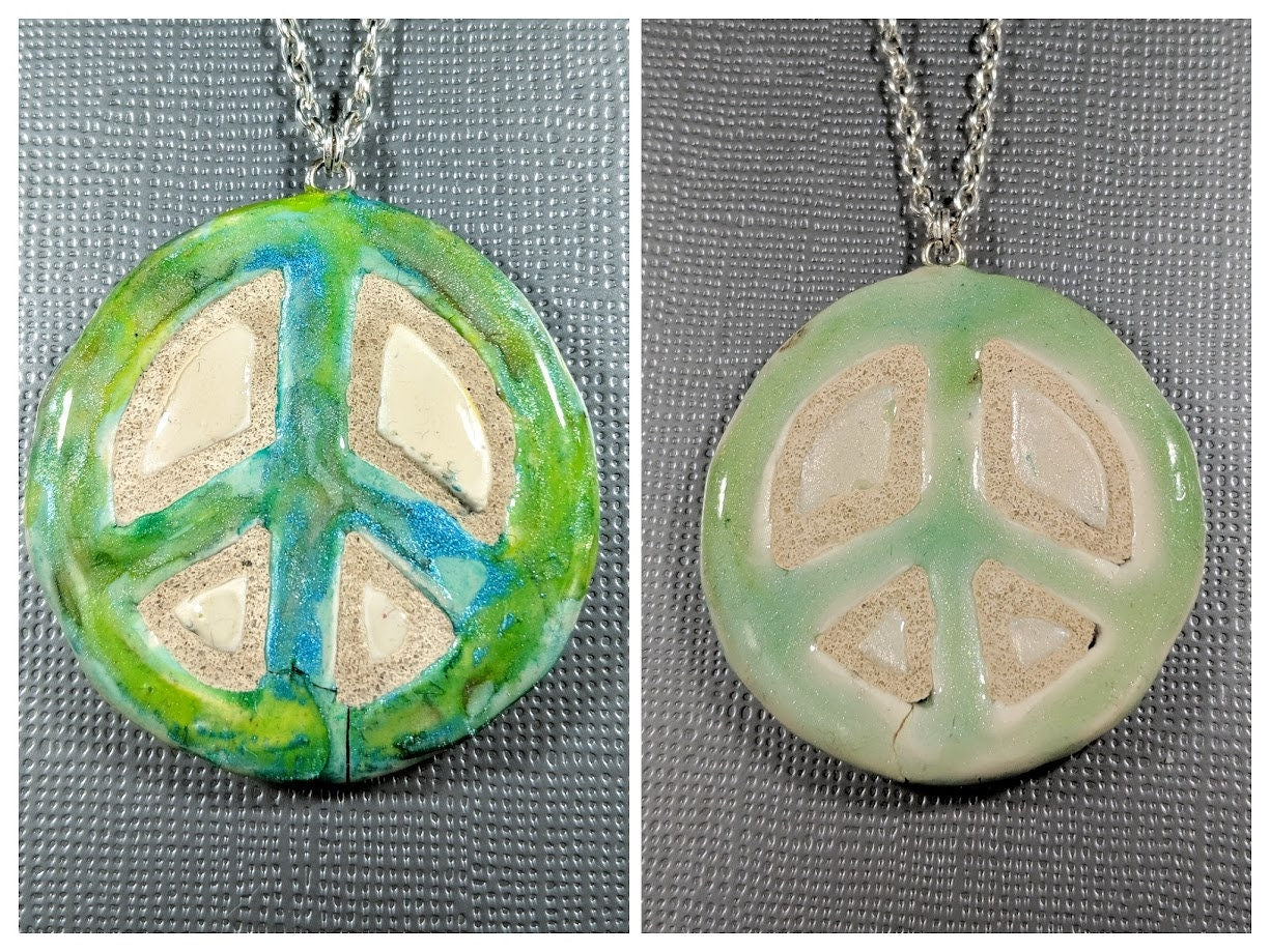 REVERSIBLE Green Peace Sign Necklace Mosaic Tile Pendant 038