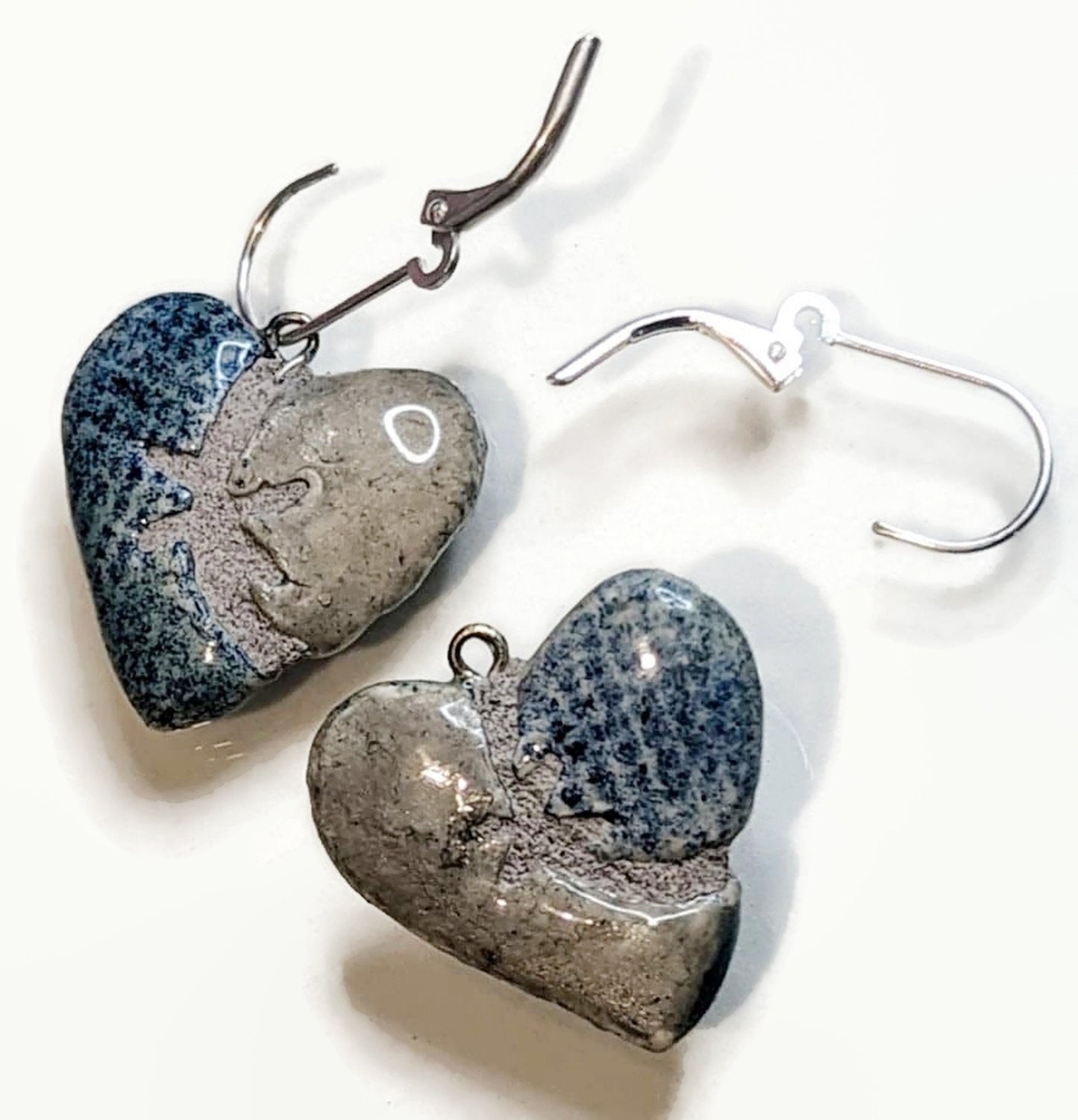 REVERSIBLE Ceramic Heart - Denim and Silver Mosaic Tile Earrings