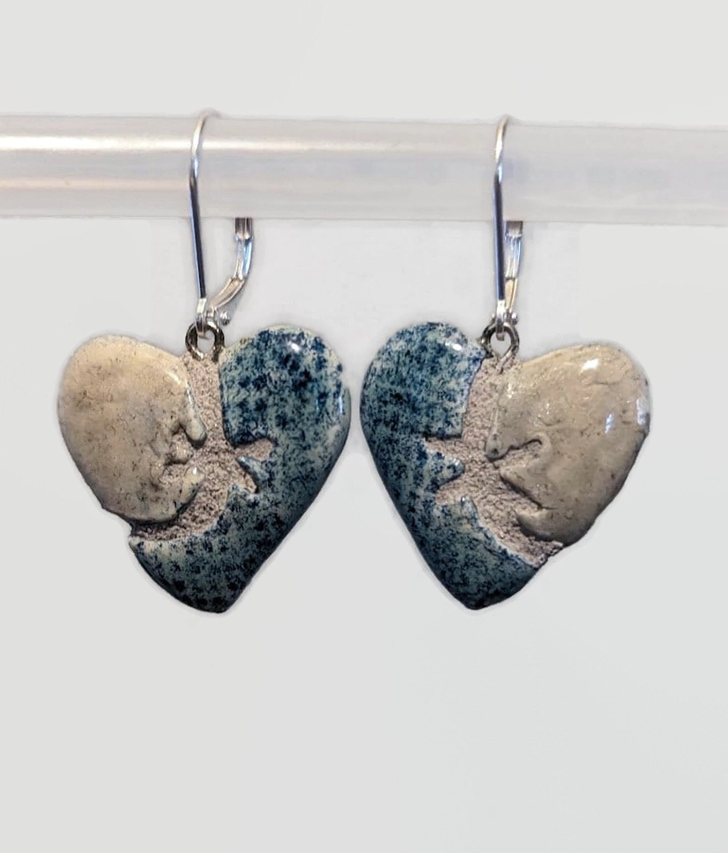 REVERSIBLE Ceramic Heart - Denim and Silver Mosaic Tile Earrings