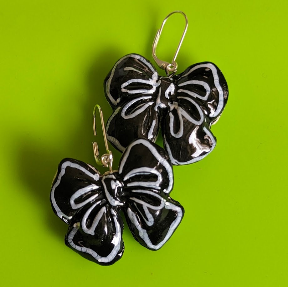 Black and White 2-D Cartoon REVERSIBLE Graphic Statement Bow Earrings