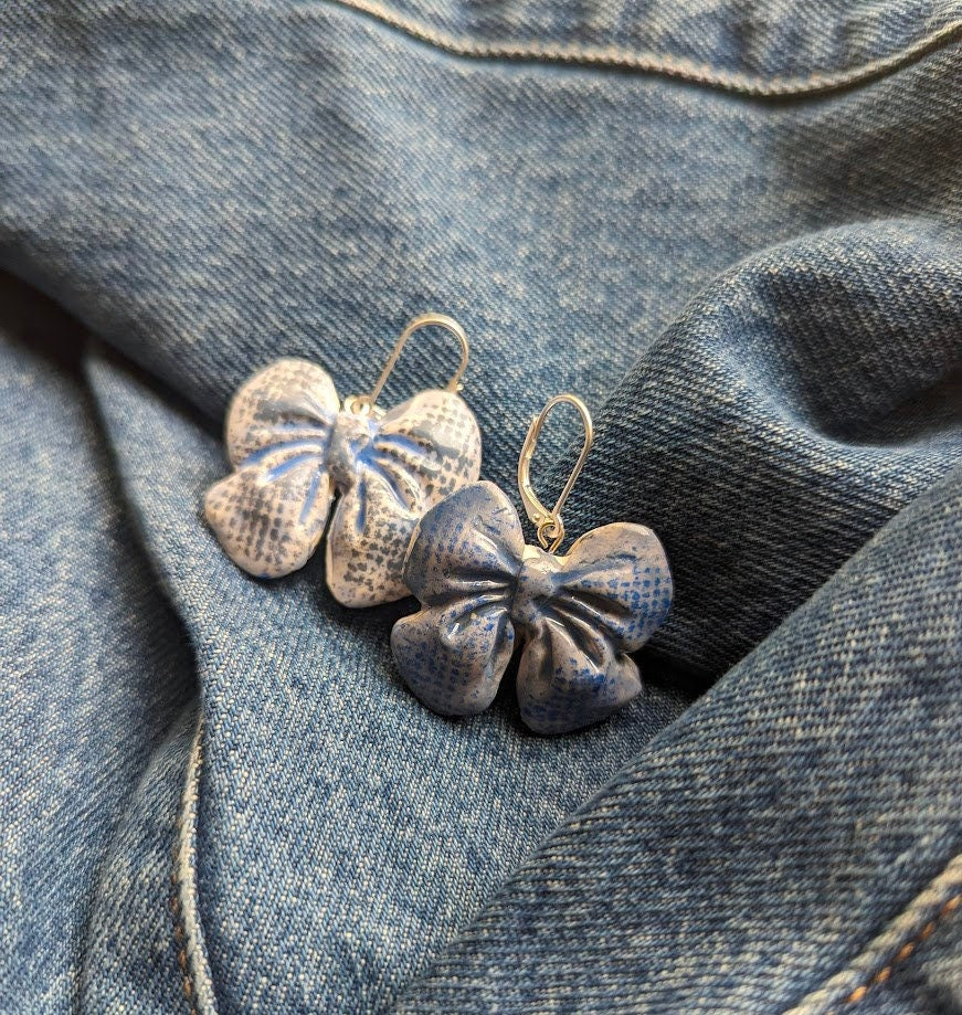 Blue Bow Ceramic Earrings REVERSIBLE Denim Textured