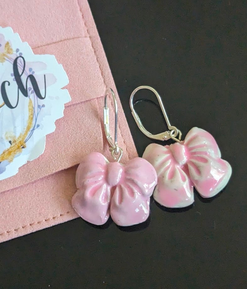 Ceramic Bow REVERSIBLE Earrings Dainty Coquette Bridesmaid Dangles