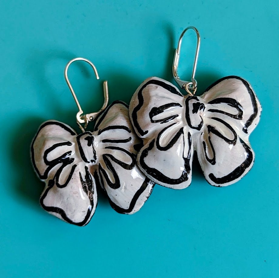 Black and White 2-D Cartoon REVERSIBLE Graphic Statement Bow Earrings