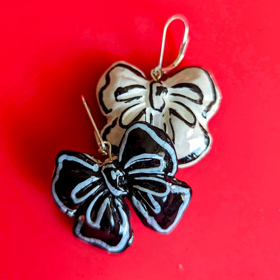 Black and White 2-D Cartoon REVERSIBLE Graphic Statement Bow Earrings