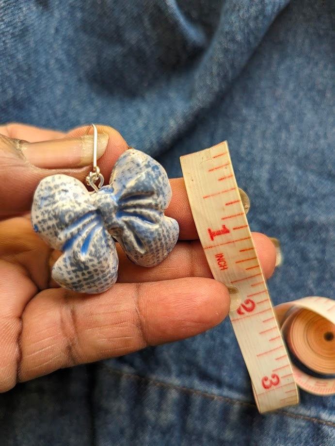 Blue Bow Ceramic Earrings REVERSIBLE Denim Textured