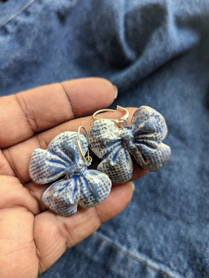 Blue Bow Ceramic Earrings REVERSIBLE Denim Textured