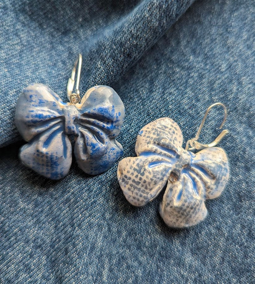 Blue Bow Ceramic Earrings REVERSIBLE Denim Textured