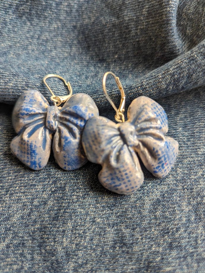 Blue Bow Ceramic Earrings REVERSIBLE Denim Textured